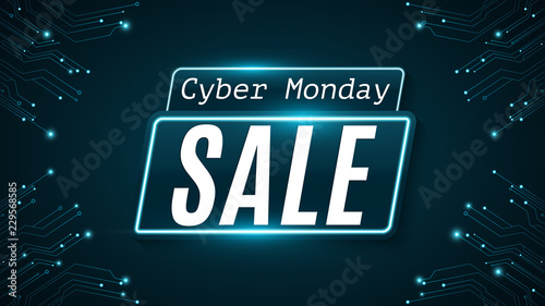 Cyber Monday. Super sale. Hi-tech glowing blue circuit board. Web neon banner. Modern design. Vector illustration