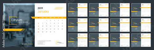 Calendar design for 2019. Week starts on Sun. Set of 12 calendar pages vector design print template with place for photo and company logo. Desk calendar template with white background.