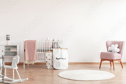 Bright Scandinavian Baby Room With Rocking Horse White Nursery And Bright Scandinavian Baby Room With Rocking Horse White Nursery And Pink Armchairs Posters On