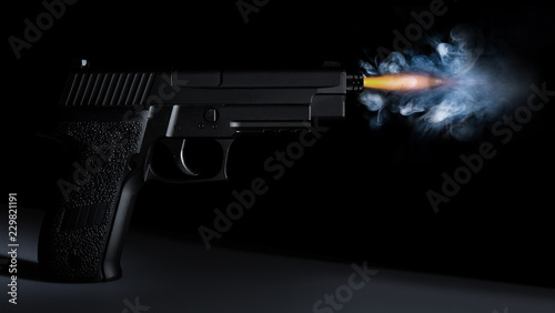 shot from a handgun with a bullet in motion, fire and smoke © michalz86