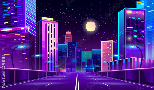Vector concept background with night city illuminated with neon glowing lights. Futuristic cityscape in blue and violet colors, panorama with modern buildings and skyscrapers, highway