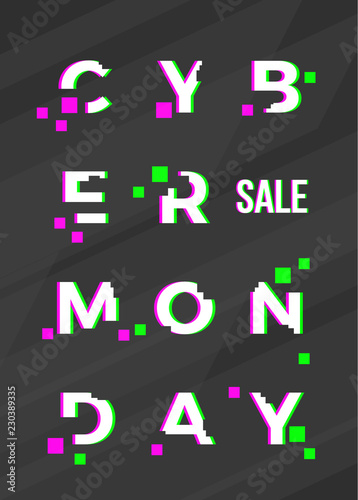 Cyber Monday Sale Abstract Vector Card, Flayer or Poster Template. Modern Typography, Pixels and Glitch Effect. Electronics Discount Offer Vertical Banner. Dark Distorted Background