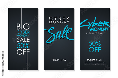 Cyber Monday Sale promotional flyers set with hand lettering for business, commerce, discount shopping and advertising. Vector illustration.