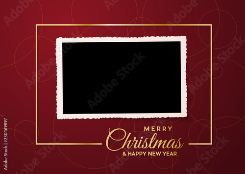 Merry Christmas, empty background and blank photo, made with golden frame and text © puckillustrations