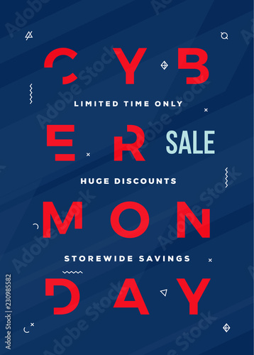 Cyber Monday Flyer, Card or Banner Template. Reduced Typography Concept with Abstract Decorative Elements and Textured Background. Red on Blue Colors