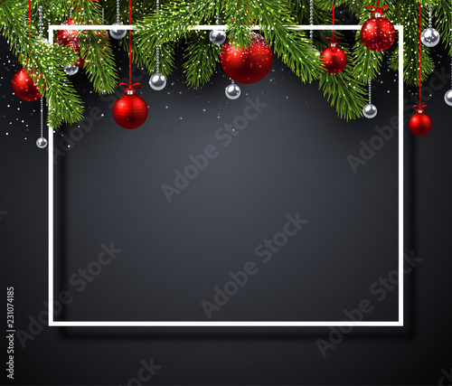 Christmas and New Year shiny poster with fir branches and Christmas balls. © Vjom