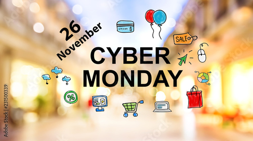 Cyber Monday text on blurred illuminated shopping mall background