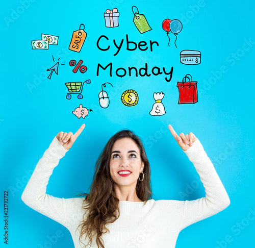 Cyber Monday with young woman reaching and looking upwards