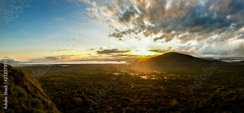 High angle panoramic view of Nechisar National Park and Abaya Lake in Ethiopia at sunrise. © Wollwerth Imagery