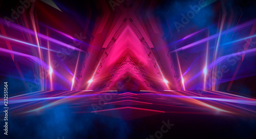 background of empty room, lamps, neon light, smoke, fog