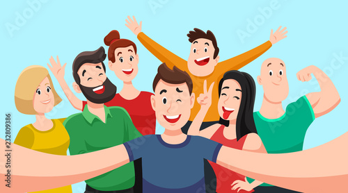People group selfie. Friendly guy makes group photo with smiling