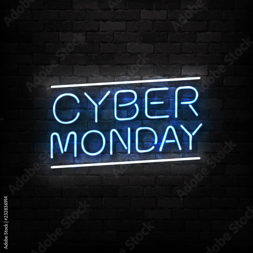 Vector realistic isolated neon sign of Cyber Monday logo for decoration and covering on the wall background. Concept of electronics market, sale and discount.