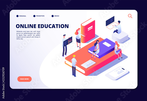 Online education isometric. Internet class training, studying in on-line classroom. Courses, education technology vector concept. Illustration of online training isometric, study students © MicroOne