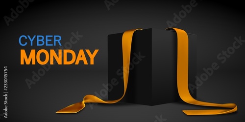 Cyber Monday banner. Realistic black box with golden ribbon isolated on dark background. Vector