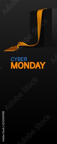 Cyber Monday banner. Realistic black box with golden ribbon isolated on dark background. Vector