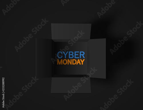Cyber Monday banner. Top view on realistic black box isolated on dark background. Vector
