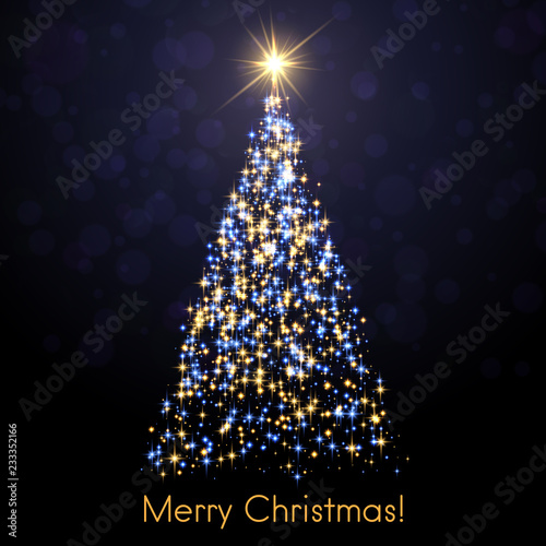 Merry Christmas greeting card with abstract shiny Christmas tree. © Vjom