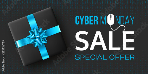 Cyber monday sale horizontal poster or banner for seasonal discounts. Black box with realistic blue bow on code background. Sale concept. Vector illustration.