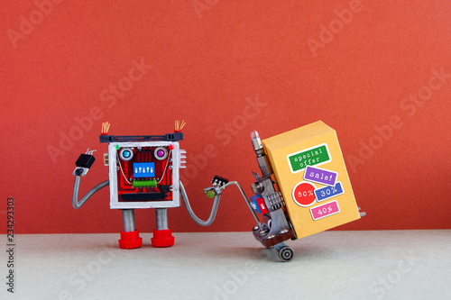 Funny robot moving shopping cart big yellow box with discount advertising stickers. Special sale promotion poster. Red gray background, copy space