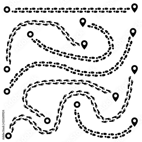 Footprint trails. Footsteps walking track with location pins. Foot imprints routes vector isolated brushes. Imprint and trail track, foot print silhouette