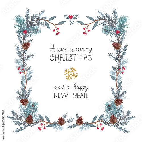Frame Of Coniferous Twigs Pine Cone And Red Berries In Watercolor