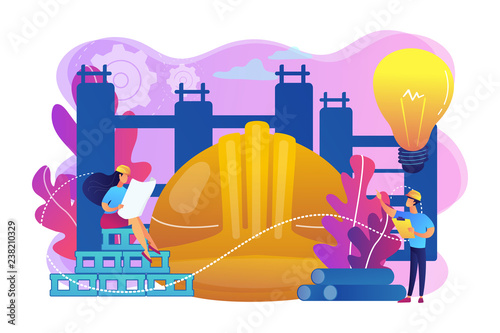 Building engineers using smart materials. Innovative construction materials, construction technology innovation, hi-tech bulding resources concept. Bright vibrant violet vector isolated illustration