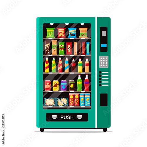 Full vending machine with fast food snacks and drinks isolated on white. Automat vendor machine front view automatic seller. Snack dispenser flat illustration in vector