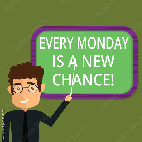 Writing note showing Every Monday Is A New Chance. Business photo showcasing Start your week with positivism Motivation Man Standing Holding Stick Pointing to Wall Mounted Blank Color Board
