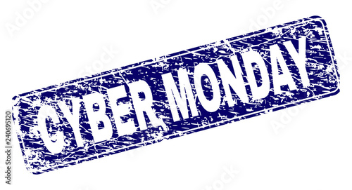 CYBER MONDAY stamp seal print with grunge texture. Seal shape is a rounded rectangle with frame. Blue vector rubber print of CYBER MONDAY text with grunge style.