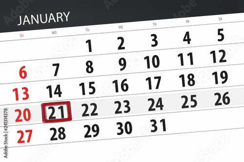 Calendar planner for the month january 2019, deadline day, 21, monday
