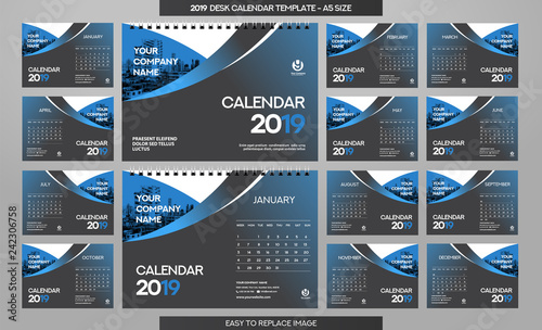 Desk Calendar 2019 template - 12 months included - A5 Size