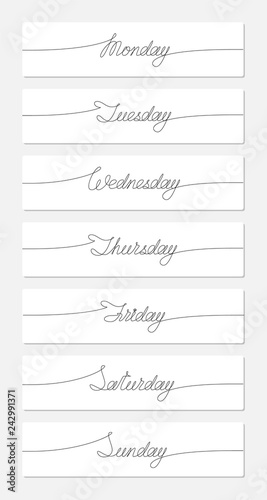 Days of the week. Set of words handwritten inscription. One line drawing of word
