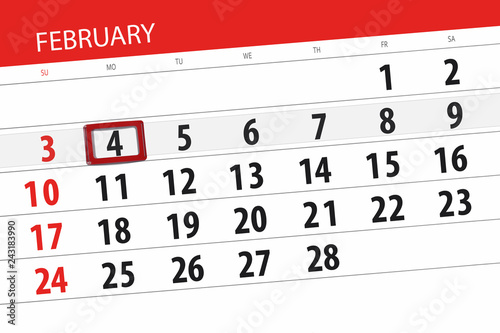 Calendar planner for the month february 2019, deadline day, 4, monday