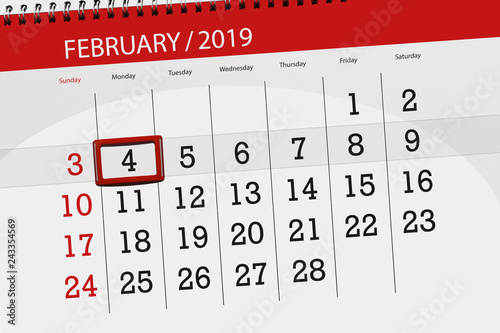 Calendar planner for the month february 2019, deadline day, 4, monday