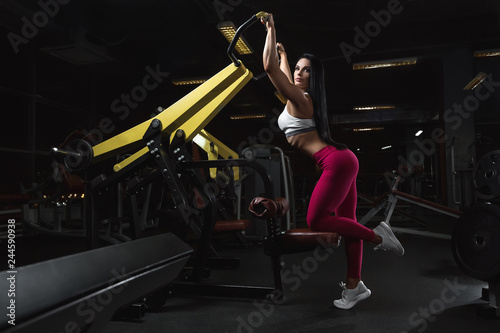Sexy young brunette girl is doing back exercises in training apparatus in gym © Peterfilm