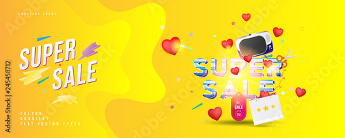 Super sale of 70% off. The concept for big discounts with voluminous text, a retro TV and red hearts on a yellow background with light effects. Flat vector illustration EPS10 © vadish