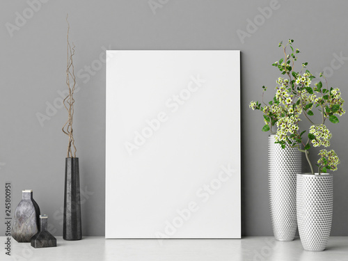 Mock up poster with flowers decoration composition on gray wall, 3d render, 3d illustration © nikolarakic