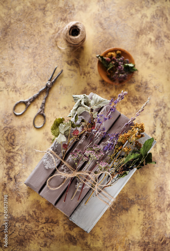 Healing herbs, scissors and vintage books, flat lay. Herbal medicine concept. © Rozmarina