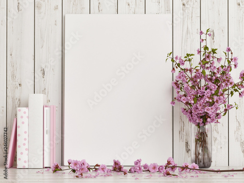 Mock up poster with rose flower decoration on white wooden floor, 3d render, 3d illustration © nikolarakic