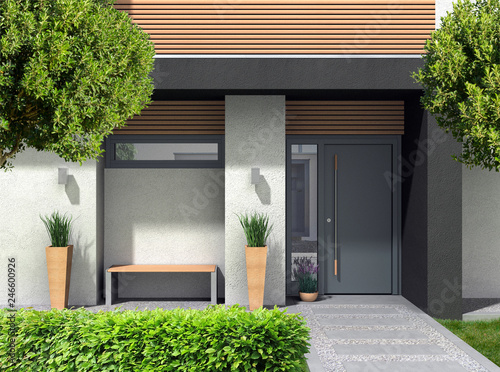 3D rendering und composite Bild eines modernen Hauseingangs für ein Einfamilienhaus mit Vorgarten © Wilm Ihlenfeld