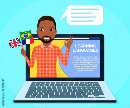 Online language learning. The young guy is holding flags of different countries of the world. Online tutor. In flat style on blue background. Cartoon. © denisillin