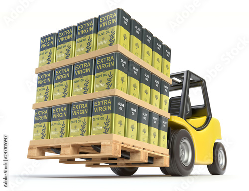 Forklift with olive oil cans with abstract label on white background - 3D illustration © mipan