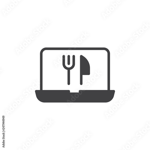 Online food ordering computer screen vector icon. filled flat sign for mobile concept and web design. Laptop with fork and knife simple solid icon. Symbol, logo illustration. Pixel perfect © alekseyvanin