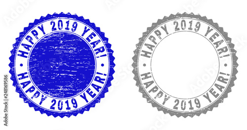 Grunge HAPPY 2019 YEAR! stamp seals isolated on a white background. Rosette seals with grunge texture in blue and gray colors. © imagecatalog