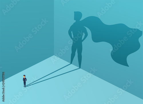 Businessman with shadow superhero. Super manager leader in business. Concept success, quality of leadership, trust. Vector illustration