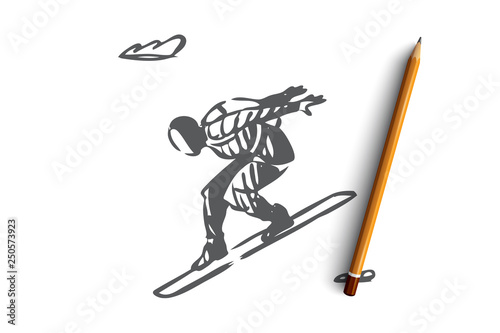 Parachute, extreme, jump, board, activity concept. Hand drawn isolated vector. © drawlab19