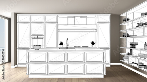 Kitchen Classics Ideas Moderen Concept blueprint project draft sketch of classic kitchen with island and accessories interior design concept