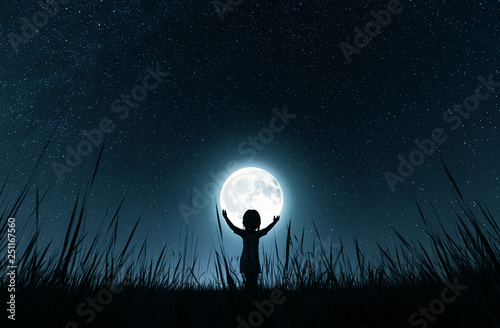 Girl holding the moon in starry night,3d rendering