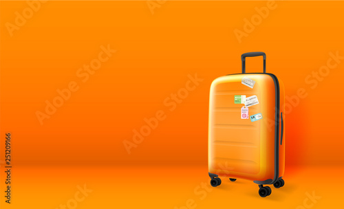 Plastic suitcase on orange background. Copyspace. Vector illustration © tovovan