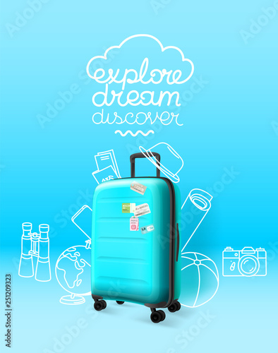 Blue plastic suitcase on blue background. Explore dream discover © tovovan